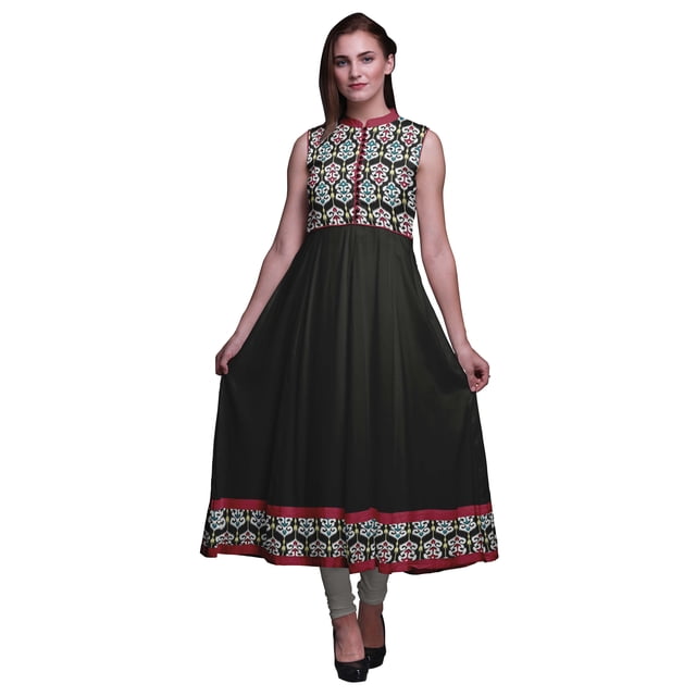 Bimba Black3 Ikat Imprimé Femme Designer Col Mandarin Robe Anarkali Ethnique Indienne Kurta Très Grand