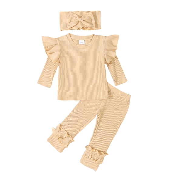 Ymyiu Baby Girls' Clothing Casual Baby Girl 3-Piece Outfit Set: Soft Infant Top + Cozy Toddler Pant + Adorable Headband (Beige,0-6 Months)
