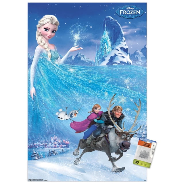 La Reine des Neiges de Disney - Affiche Murale d'Aventure en une Feuille, 22,375 Po x 34 Po Représentant Elsa dans une Robe Bleu Étincelant Créant des Flocons de Neige, Olaf le Bonhomme de Neige Flottant à Proximité, et Anna Chevauchant Sven le Renne à Travers un Paysage Enneigé avec un Château de Glace et une Toile de Fond de Montagne, Imprimée sur Papier d'Affiche Lustré, Convient à l'Encadrement et à la Décoration Murale.