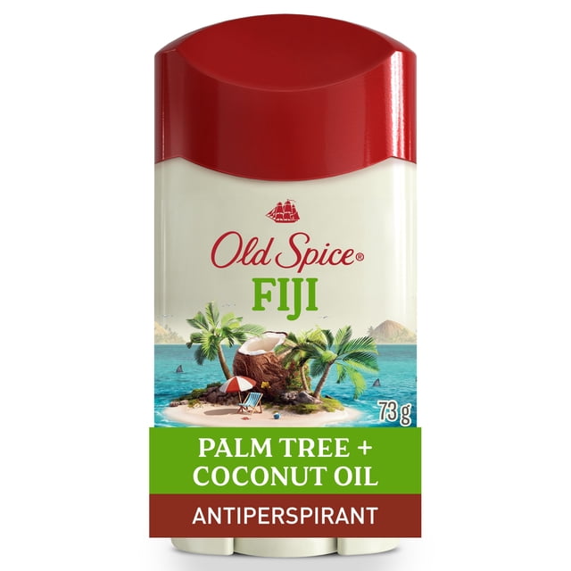 Old Spice Men's Antiperspirant & Deodorant Fiji with Palm Tree and Coconut Oil, 73 g stick with red cap and tropical island label, providing 24/7 sweat and odor protection with a gentle formula and long-lasting scent.