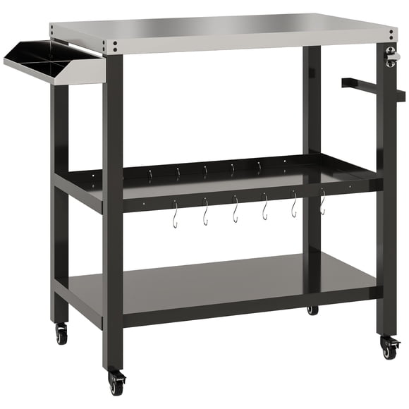 Outdoor BBQ Grill Cart with Stainless Steel Top, 3-Tier Mobile Kitchen Bar Cart with Wheels, Spice Rack & Hooks, 39" L x 19.7" W x 33.9" H Black Prep Table for Patio & Backyard