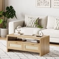 thumbnail image 3 of Boho Coffee Table with Storage,40” Mid Century Rattan Console table with Open Shelf,2 Tiers Cocktail Table with 2drawers,Wooden Rectangular Center Table for Room/Apartment/Farmhouse/Small Place, 3 of 9
