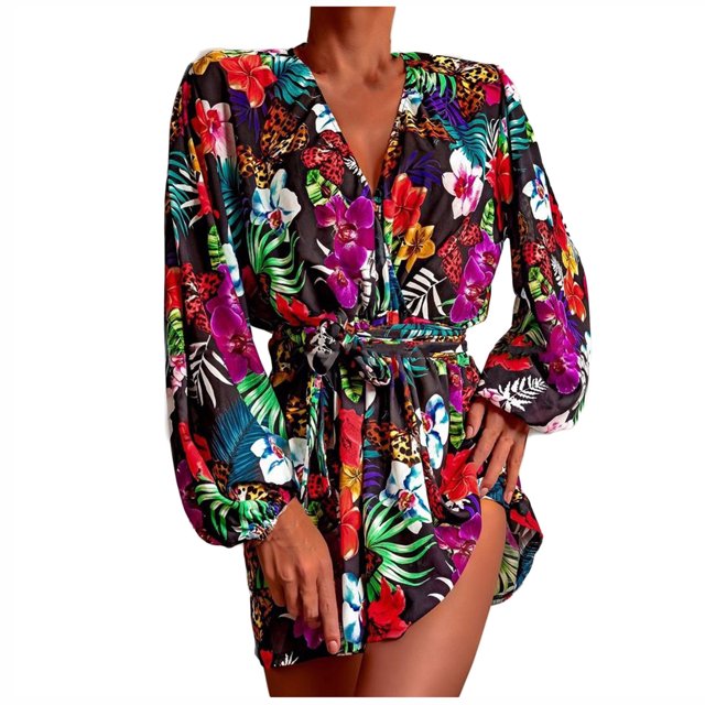 Pompotops Femmes Casual V-Cou Bandage Manches Longues Imprimé Floral Volant Mini Robes