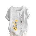 thumbnail image 2 of Pisexur Chemises en Lin pour Femmes Manches Courtes Blouses en Coton à Fleurs Hauts Grande Taille Décontractés Amples Col Rond Tuniques Unies Haut, 2 of 5