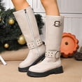 thumbnail image 3 of Fall Mid Calf Combat Boots for Women 2025 Buckles Studded Leather Platform Chunky Cowboy Riding Tall Boots, 3 of 7