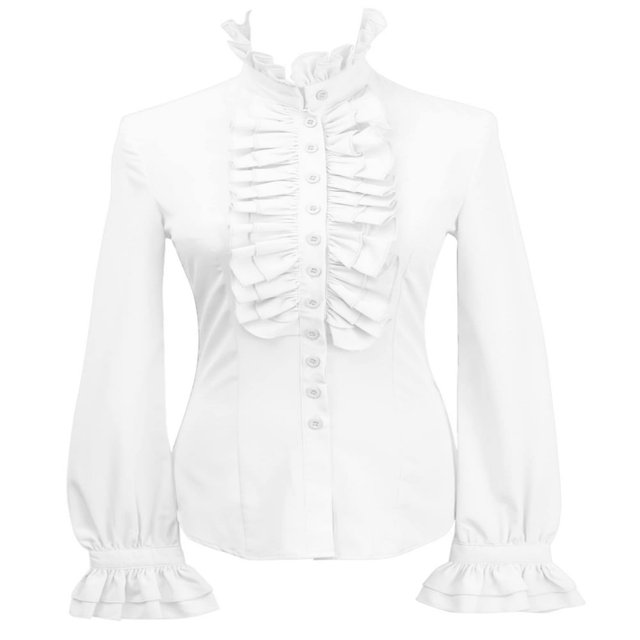 Women‘s Ruffle Trim Flounce Long Sleeve Mock Neck Blouse Top Button Down Office Work Shirt