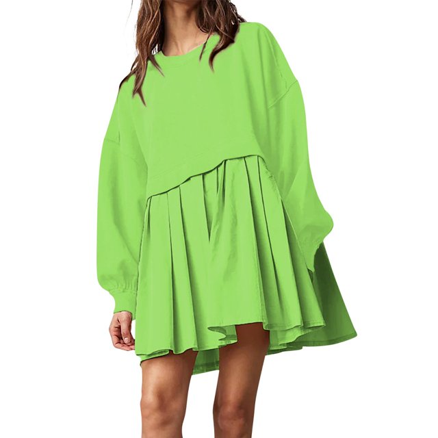 Womens Oversized Sweatshirt Dress Long Flowy Patchwork Pullover Tops Cute Drop Shoulder Sweatshirts Fall Long Sleeve Mini Dress Teen Girls Crewneck Solid Tunic Pleated Loose Clothing Beig