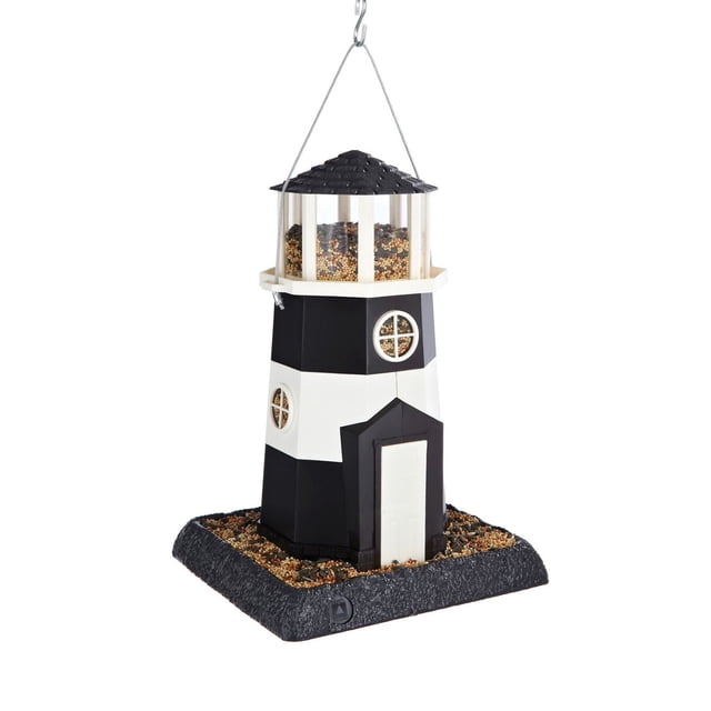 North States Grande Mangeoire pour Phare avec Forme de Phare à Rayures Noires et Blanches, Panneaux de Fenêtre en Plastique Transparent dans la Salle des Lanternes pour le Suivi des Semences, base de Plateau à Graines Amovible Remplie de Graines d'Oiseaux, et Crochet Suspendu en Métal, Convient à une Utilisation Extérieure au Jardin.