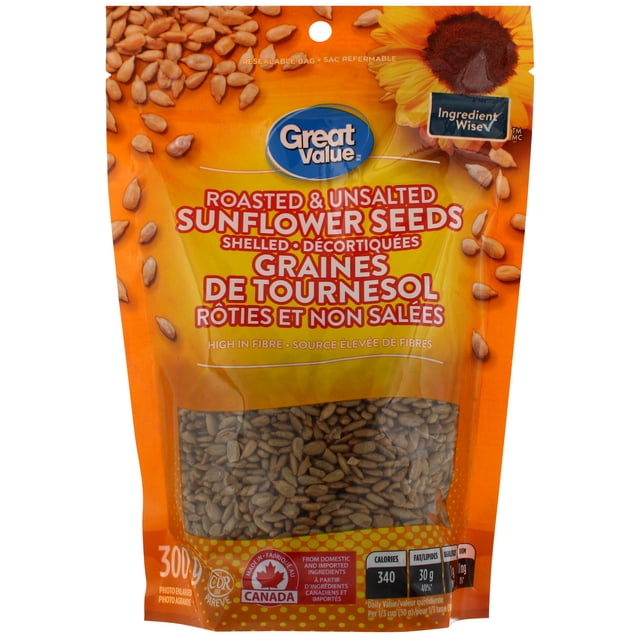 Great Value Roasted & Unsalted Shelled Sunflower Seeds in a resealable orange bag with clear window showing light brown shelled seeds, high in fibre and unsalted, Ingredient Wise certified, made in Canada from domestic and imported ingredients, 300g package suitable for snacking or salad topping.
