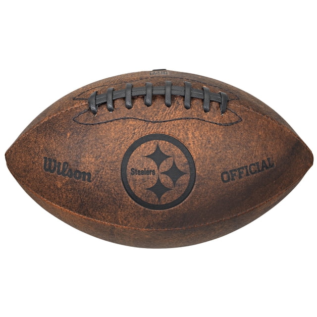 Pittsburgh Steelers Football - Vintage Throwback - 9 Inches. This officially licensed NFL football features a distressed brown composite leather exterior with black stitching and a laser-stamped Pittsburgh Steelers logo. Measuring 9 inches, it is designed for decoration or casual play, holding two to four pounds of air. The sturdy construction ensures shape retention.