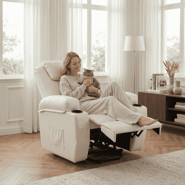 AECOJOY Fauteuil Inclinable Élévateur Électrique pour Aînés, Chaise Longue en Cuir PU avec Doubles Porte-Gobelets, Poches Latérales, Beige