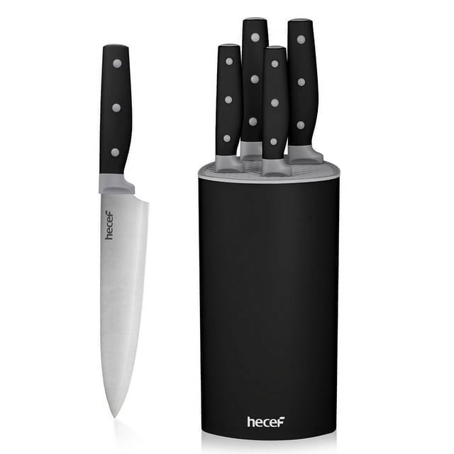 Hecef 6-Piece High Carbon Stainless Steel Kitchen Knife Set with Block, featuring nitrided blades for enhanced rust resistance and ergonomic triple-riveted black handles. This cutlery set includes chef's knife, cutting knife, bread knife, utility knife, paring knife, and a sleek black universal knife block made of durable PP material, ideal for organizing kitchen tools.