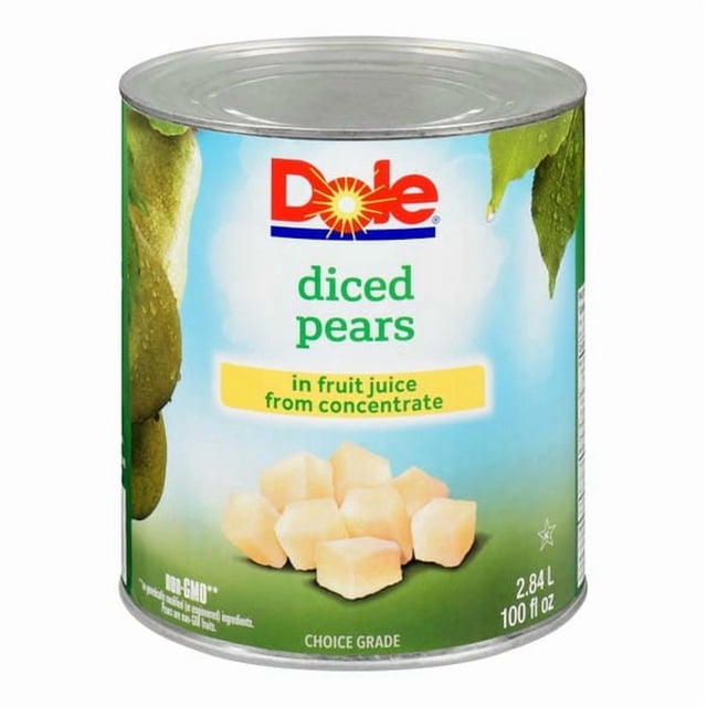 Dole Diced Pear In Juice 2.84L/100Oz can featuring diced pear pieces in fruit juice from concentrate. The label highlights the Dole logo, choice grade quality, non-GMO information, and canned fruit category.