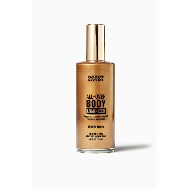 Hard Candy All Over Body Luminizer in Lit It Up Bronze, 3.8 fl oz (112 ml) bottle with gold metallic shimmer and reflective pigments, featuring transfer-resistant skin glow and fresh coconut scent, ideal for a radiant, sun-kissed body highlight.
