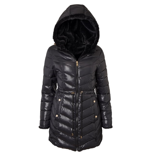 Sportoli Manteau d'Hiver pour Femme Réversible Doublé en Fausse Fourrure, Doudoune Matelassée - Noir (2X)