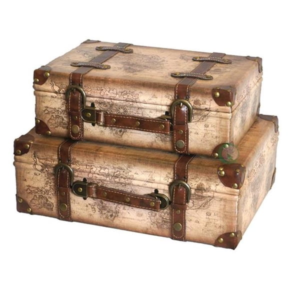 Quickway Imports QI003048.2 Old World Map Leather Vintage Style Suitcase with Straps Set of 2