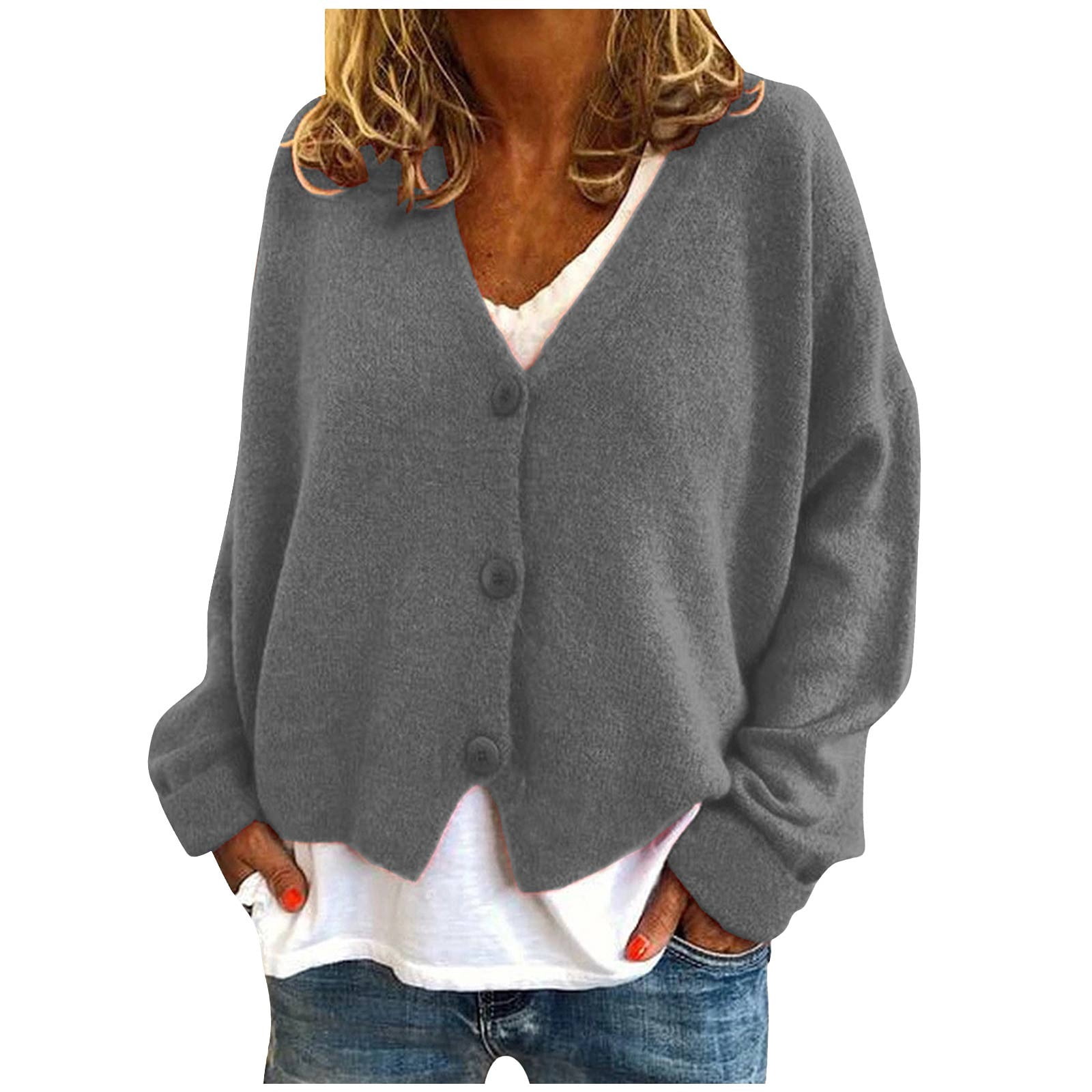 Yuyuzo Womens Cardigan Sweater Long Sleeve V Neck Button down Cropped Jackets Fall Winter Outwear Solid Color