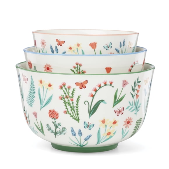 Oneida Serveware, First Blooms Nesting Bowls Set Of 3, Porcelain Material, Dishwasher & Microwave Safe, 19-oz, 30-oz, & 46-oz Serving Bowls, Pasta Bowl, Floral