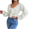 thumbnail image 2 of RKSTN Chandails pour Femmes Mode Hiver Manche Blouse Unie Col en V Chandail à Nœud Hauts Chandails d'Automne, 2 of 7