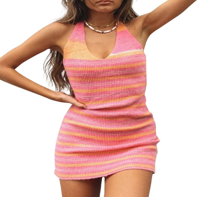 Robe Moulante en Tricot pour Femmes Y2K Évider Midi Robes Sans Manches 2022 Été Robe de Plage