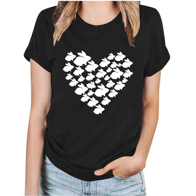 RKSTN Hauts pour Femmes 2024 Été Décontracté Ample Grande Taille Imprimé Graphique Lapin de Pâques Blouse Mode Col Rond Manches Courtes T-shirt