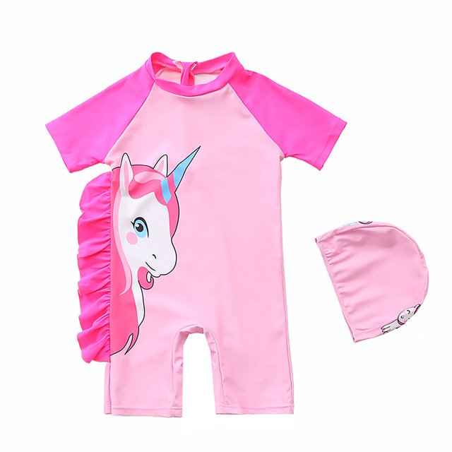 HAWEE Swimsuit for Girls One Piece Swimwear Unicorn Bathing Suit Short Sleeve Rash Guard Swimwear Zip with Hat