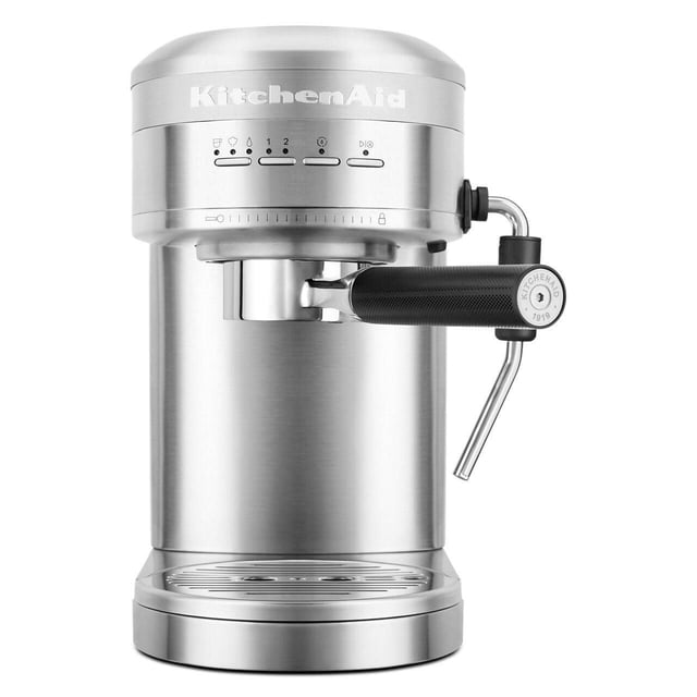 KitchenAid® Metal Semi-Automatic Espresso Machine in brushed stainless steel with a cylindrical body, black textured commercial-grade portafilter with dual spouts, steam wand on the right, and control buttons below the KitchenAid logo on the front panel.