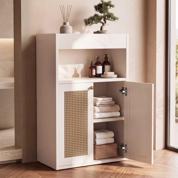 OMCHOM 37.8" Bathroom Storage Cabinet, Freestanding Tall Cabinet with Double Door and Open Shelf with MDF Board, Space Saving Furniture for Bathroom Living Room Home Organization, White
