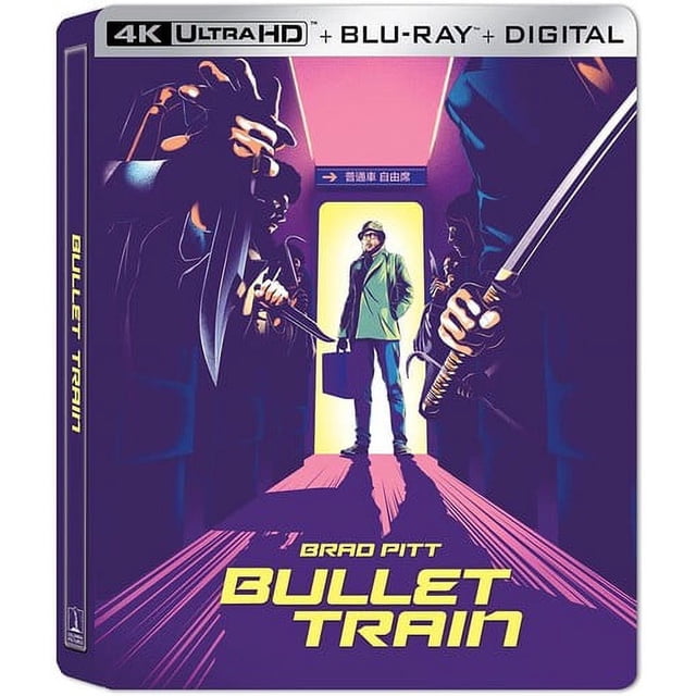 Bullet Train (Steelbook) Blu-ray cover featuring a stylized illustration of Brad Pitt's character, Ladybug, standing in a train aisle holding a briefcase. Surrounding him are shadowy figures wielding weapons, emphasizing the action-packed theme. The top of the cover highlights '4K Ultra HD + Blu-ray + Digital' format.