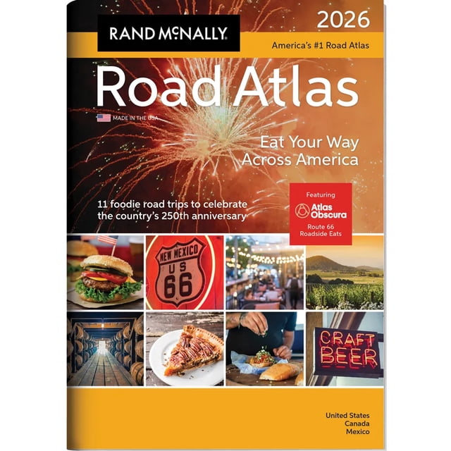 2026 Rand McNally Road Atlas front-facing cover view of a softcover atlas showing the title and Rand McNally logo, map-themed cover art, visible stitched spine and page edges; suitable for Canadian road and trip planning and often used as a desktop reference.