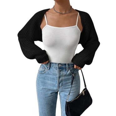 Cardigan Court Ouvert pour Femme à Manches Longues, Couleur Unie, Boléro en Tricot Côtelé, Chandail, Hauts
