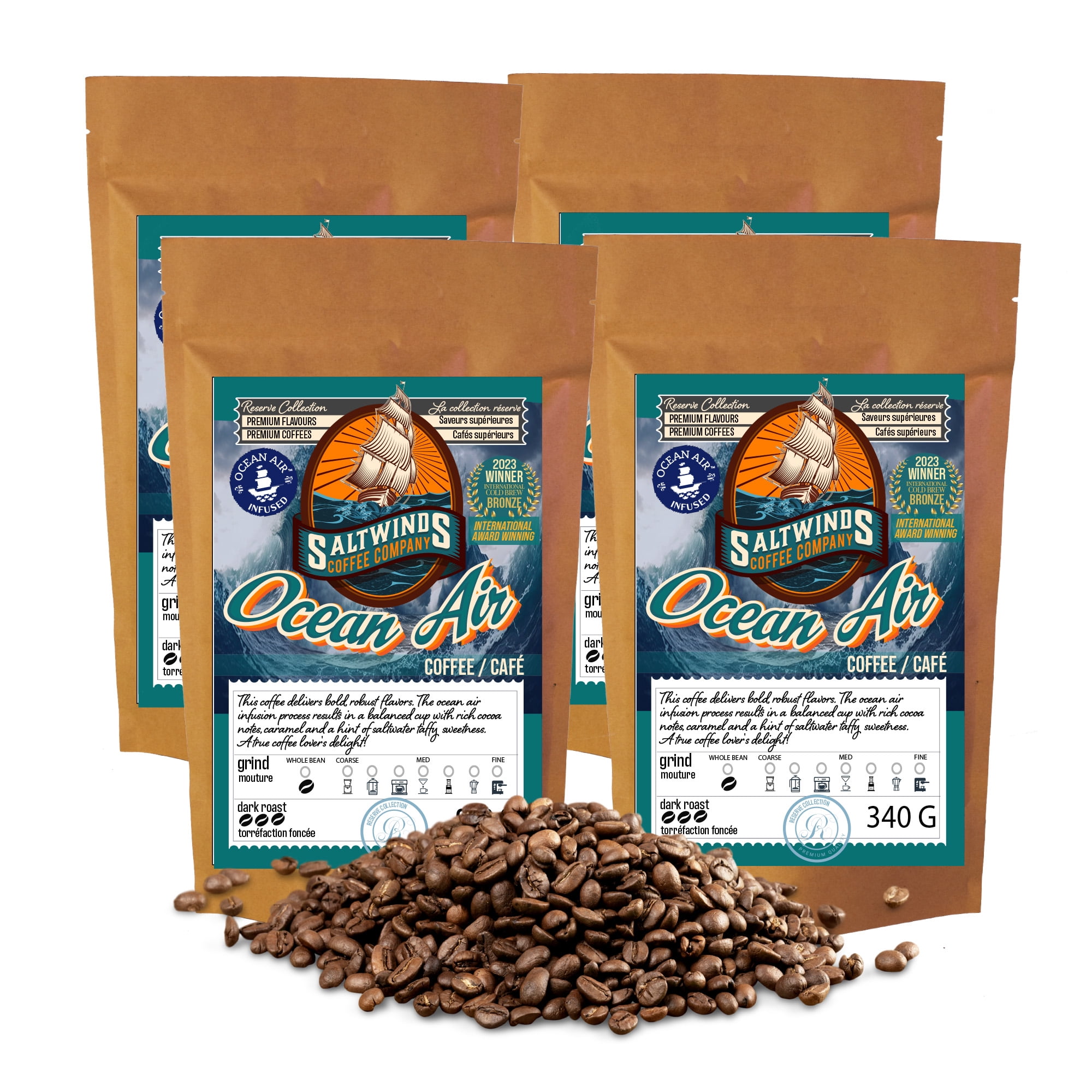 Medium Dark Roast Ocean Air Infused Coffee Bundle (4x340 g Whole Bean) | Ocean Air Infused | Canadian- Roasted Coffee Unflavoured Coffee Bundle- Ocean Air Medium Dakr Roast