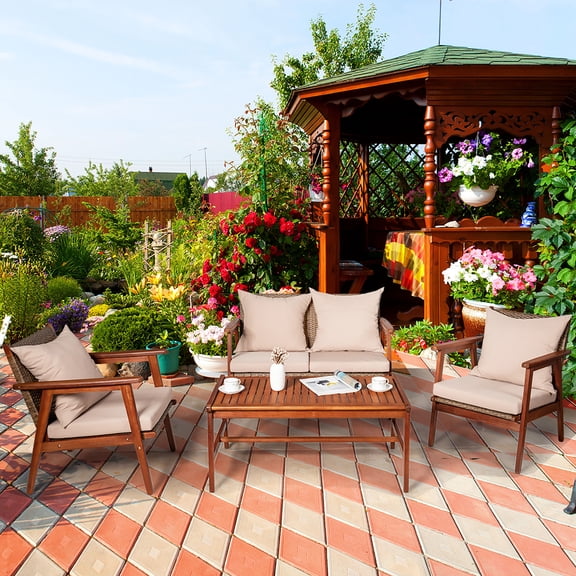 Costway Ensemble de Mobilier de Terrasse en Rotin 4 Pcs Cadre en Bois d'Acacia Canapé et Fauteuil Rembourrés Jardin
