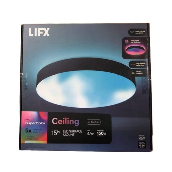 LIFX 15 in. Matte Black Indoor Selectable LED Flush Mount Multi-Colour Smart WiFi Ceiling Light Works Alexa/Hey Google/HomeKit