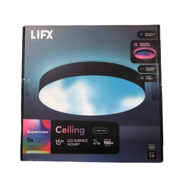 LIFX 15 in. Matte Black Indoor Selectable LED Flush Mount Multi-Colour Smart WiFi Ceiling Light Works Alexa/Hey Google/HomeKit