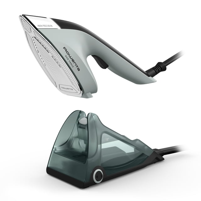 Rowenta Duo Force, 2-in-1 steamer and iron with ironing mat shown in a 3/4 profile view, featuring a light grey iron with a stainless steel soleplate labeled 'High Precision' and a translucent dark grey ironing mat base with power button and cord, ideal for versatile garment care.