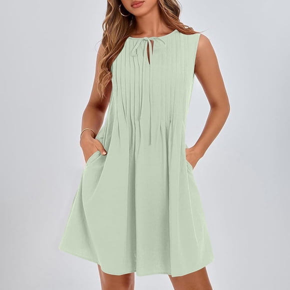 Weiqiqre Midi Dresses for Women Sleeveless Cute Bow Tie Mini Dress Front Pleated Beach Casual Sundresses with Pockets