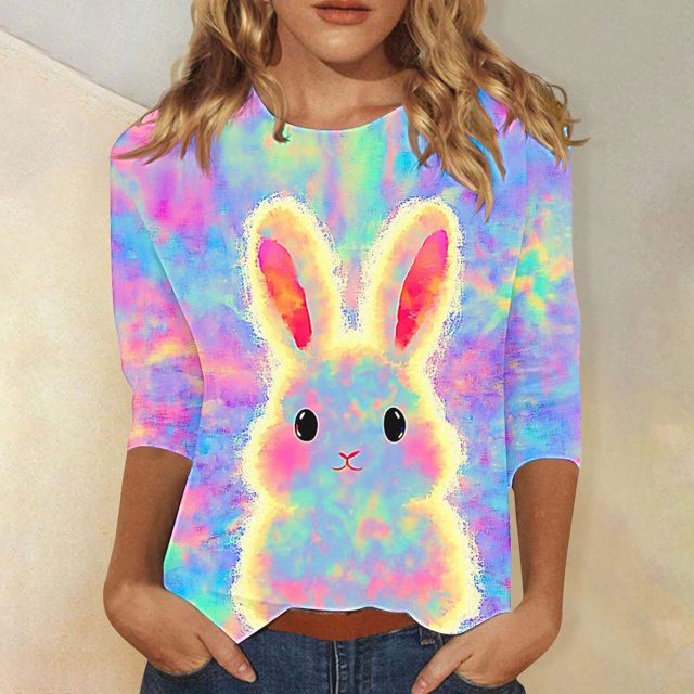 Ladies' Loose Casual Easter Print Round Neck Three Quarter Sleeve 3/4 Sleeve T-Shirt Top