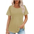 thumbnail image 1 of Hauts d'Été à Manches Courtes Femme Mode 2024 Blouses Plissées Chic Décontractées Col Ras du Cou T-Shirts de Couleur Unie (Moyen, Kaki), 1 of 6