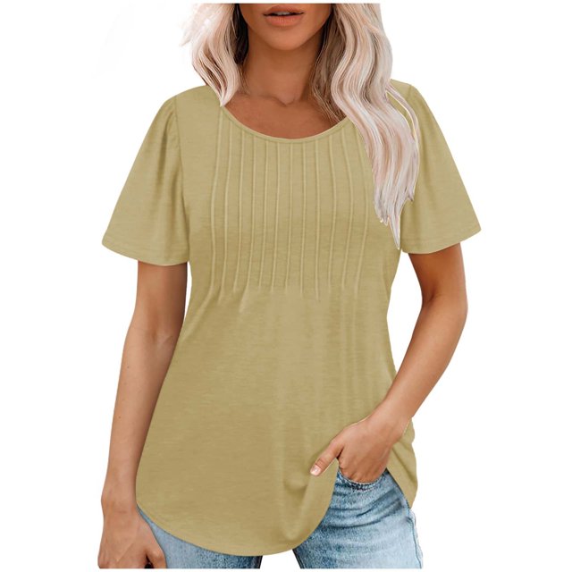 Hauts d'Été à Manches Courtes Femme Mode 2024 Blouses Plissées Chic Décontractées Col Ras du Cou T-Shirts de Couleur Unie (Moyen, Kaki)
