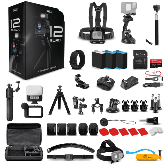 Go Pro HERO 12 Black Creator Edition - with Volta (Battery Grip, Tripod, Remote), Media Mod, Light Mod, - Waterproof Action Camera + 64GB Card, 50 Piece Accessory Kit and 2 Extra Batteries