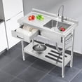 thumbnail image 3 of 39 x 23 x 31-Inch Stainless Steel Utility Sink with Left Drawer, Freestanding Single Bowl Kitchen Sink, Drawer Pull-Out, Hot/Cold Faucet, Built-In Drain Basket, Dish Rack for Laundry Room, Garage, 3 of 7