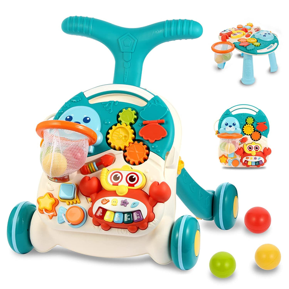 LivinVeluris Trotteur pour Bébé 2-en-1 et Centre d'Activités – Trotteur Musical d'Apprentissage pour Nourrissons et Tout-Petits – Jouet à Pousser Assis-Debout avec Lumières, Sons et Jouets de Développement Précoce – Cadeau Bleu Aqua pour Filles et Garçons
