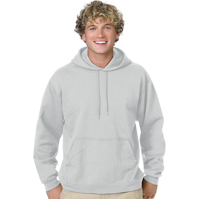 Hanes Mens ComfortBlend EcoSmart Pullover Hoodie Sweatshirt in ash grey, size medium. This men's hoodie features a classic pullover design with a front kangaroo pocket, adjustable drawstring hood, and ribbed cuffs and hem. Made from medium-weight 7.8-oz fleece for comfort and warmth. Ideal for casual wear and layering.