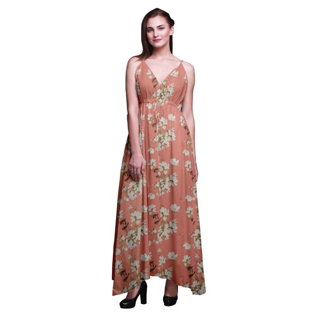 Bimba Robe Longue à Imprimé Floral pour Femmes, Bretelles Spaghetti, Col en V, Maxi, Tenue de Plage - XX-Grand