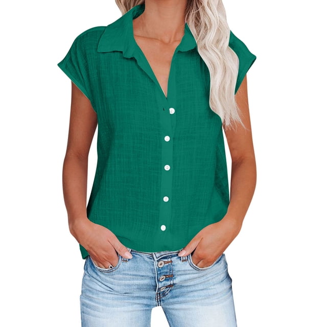 Timegard Hauts Grande Taille pour Femmes Coton Lin Manches Courtes Col en V Boutonné Blouse Décontractée
