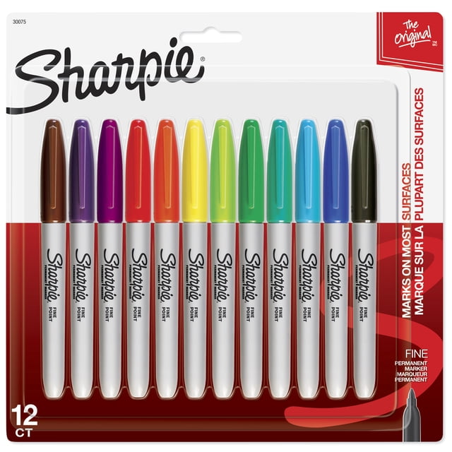 Marqueurs permanents Sharpie, pointe fine, couleurs assorties, 12 unités