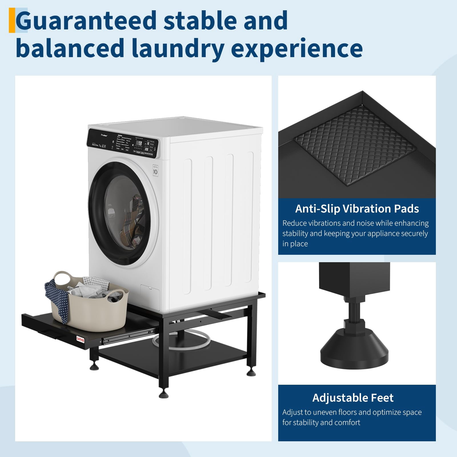 Heavy Duty Metal Laundry Pedestal Stand for Washer & Dryer – Freestanding Storage Rack with Pull-Out Shelf, Adjustable Anti-Vibration Pads, Leak Protection, 1000 lbs Capacity – Black, 27x27x16 Inch