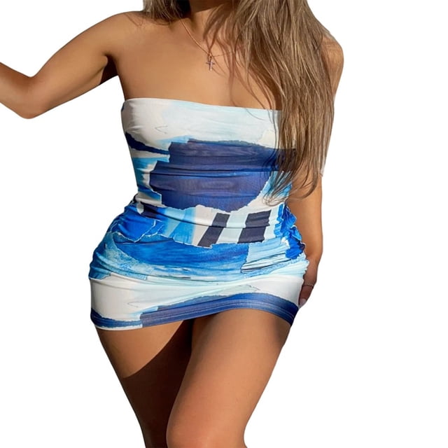 Women‘s Summer Off Shoulder Strapless Printing A Line Short Cami Bandeau Dress