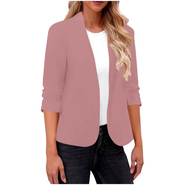 Women's Solid Color V-Neck Long Sleeve Casual Blouse Top Polyester Suit Jacket for Fall and Spring